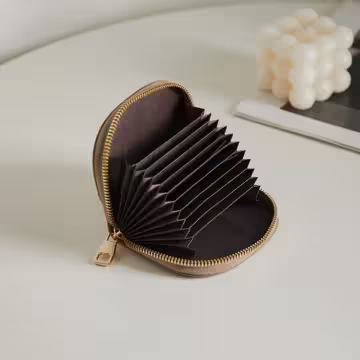 禮物綁帶荔枝紋皮革×風琴卡夾×駝灰