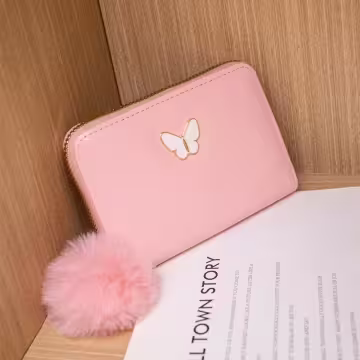 亮漆皮革白蝴蝶毛球×拉鍊短皮夾×粉紅