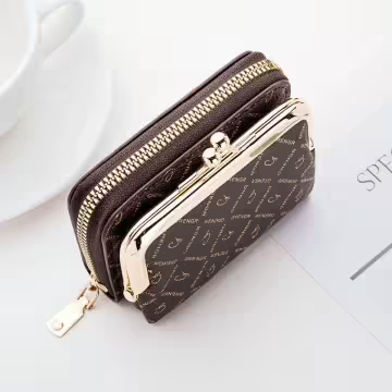印花零錢口金包×雙層可拆×風琴卡夾×棕咖