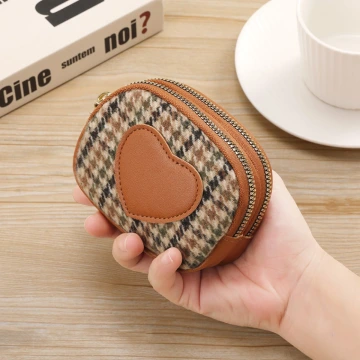 愛心千鳥紋×雙層拉鍊零錢包×棕咖.avif
