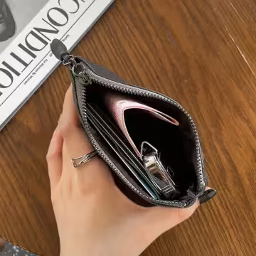 中性質感編織皮革×拉鍊零錢包×鐵灰