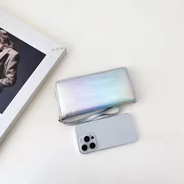 爆裂紋亮面×手拿拉鍊長皮夾×銀色