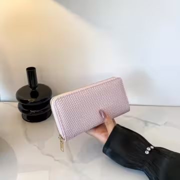 細編交織紋×拉鍊長皮夾×粉紅
