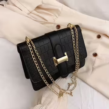 鱷魚石紋經典H扣×斜背包×黑色