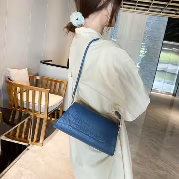 法式梯型鱷魚紋素色×肩背包×藍色