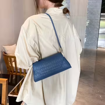 法式梯型鱷魚紋素色×肩背包×藍色