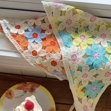 鏤空花朵針織×三角頭巾×黃藍