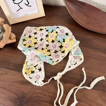 鏤空花朵針織×三角頭巾×黃藍