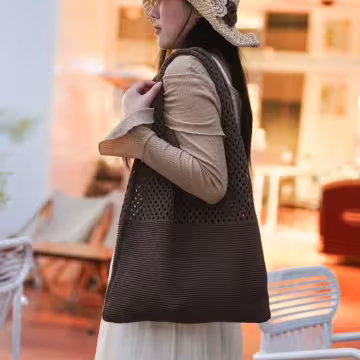 素色拼接鏤空針織×肩背包×棕咖