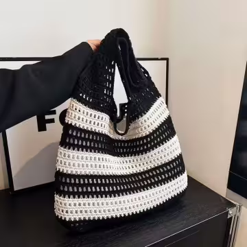 條紋拼接鏤空針織×肩背包×黑色